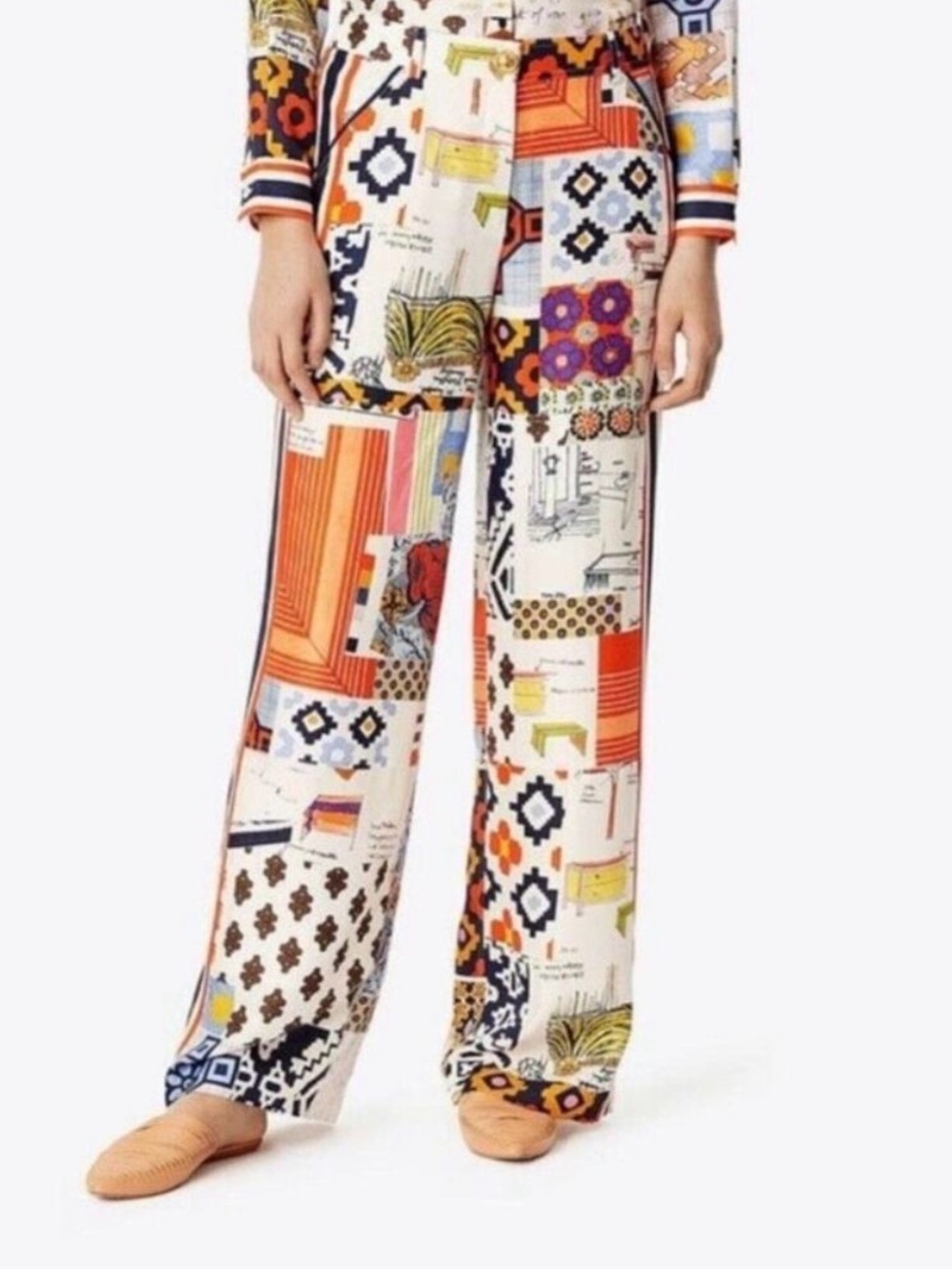 Tory Burch Sienna Printed Silk Trousers | Patchwork Collage | Size Medium - Picture 2 of 16